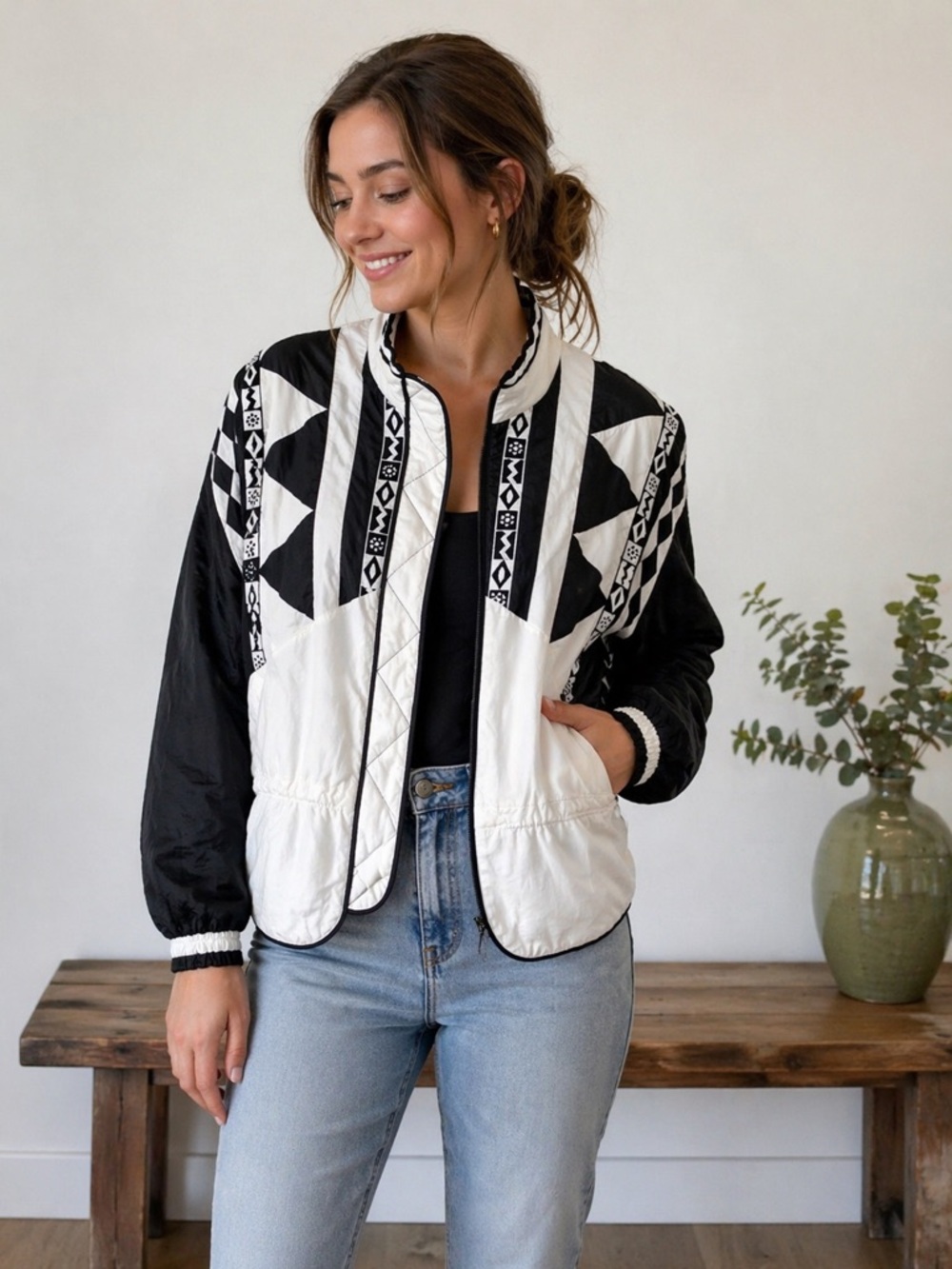 Vintage Black & White Geometric Windbreaker Jacket | Retro Minimalist - Picture 1 of 8